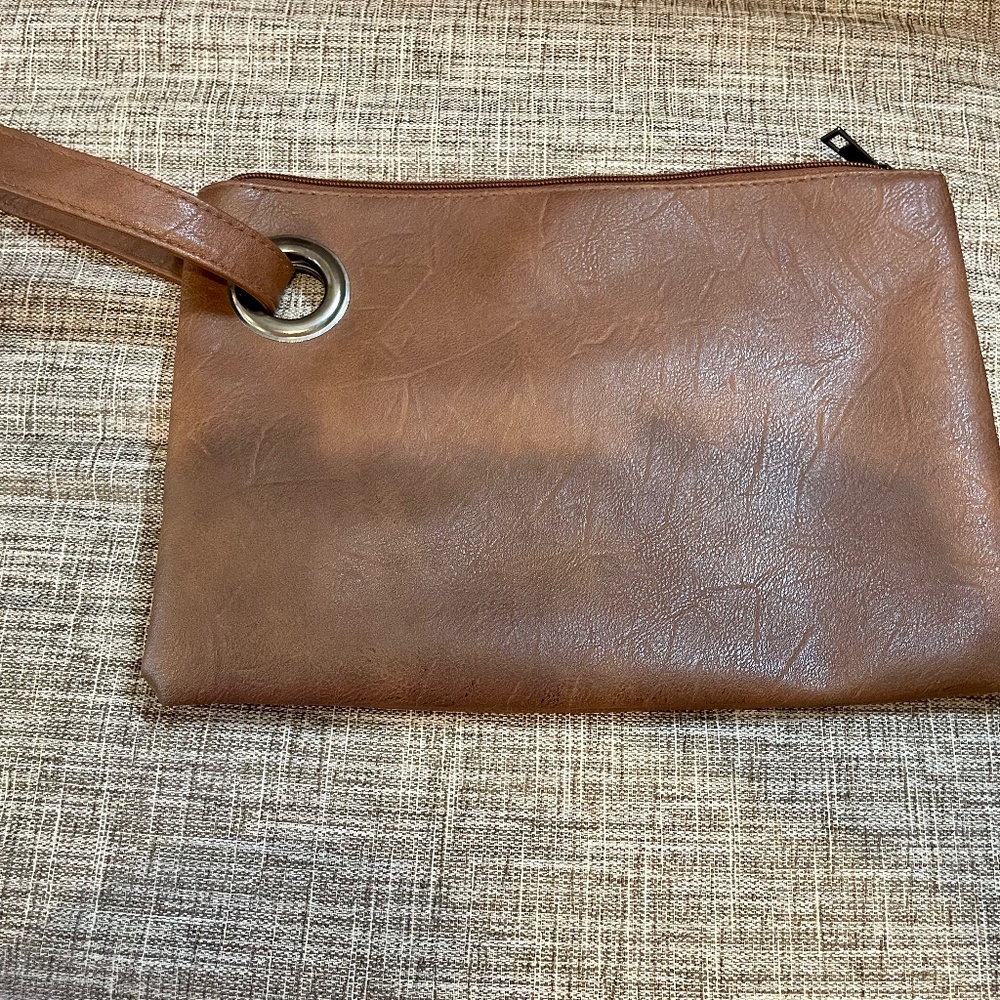Vegan Leather Hand Bag With Wrist Clutch, Large Zippar Inside Pocket, 2 Open